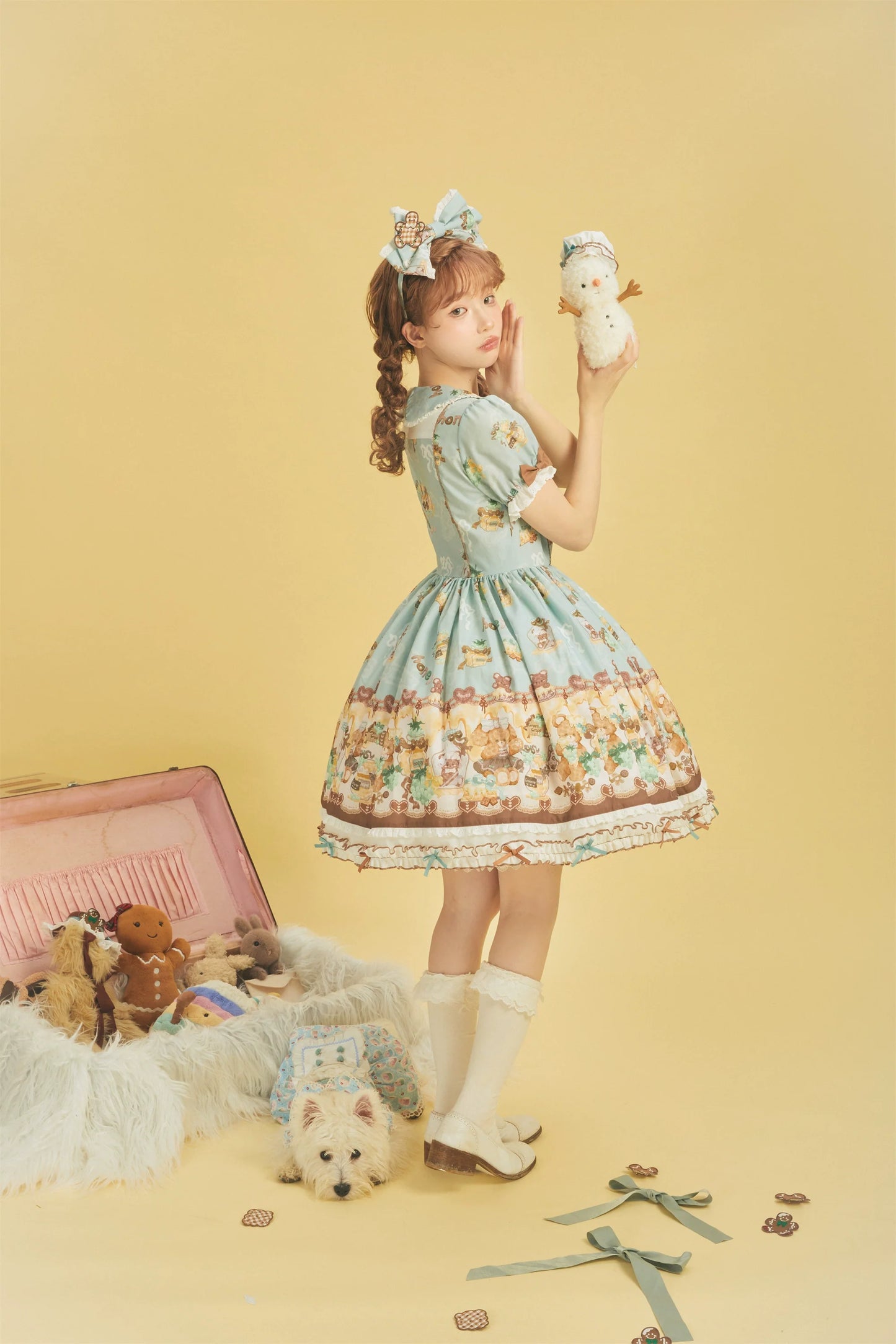 Babyblue - Little Bear Honey Jar - Kawaii Lolita Short Sleeve OP Gingerbread Man Embroidered Dress