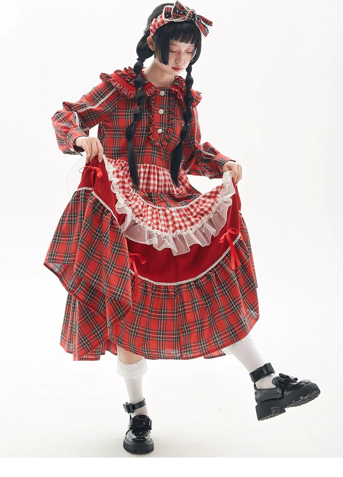 Soso Meme Club - Vintage Lolita OP Dress Red Lolita Plaid Dress for Spring Summer