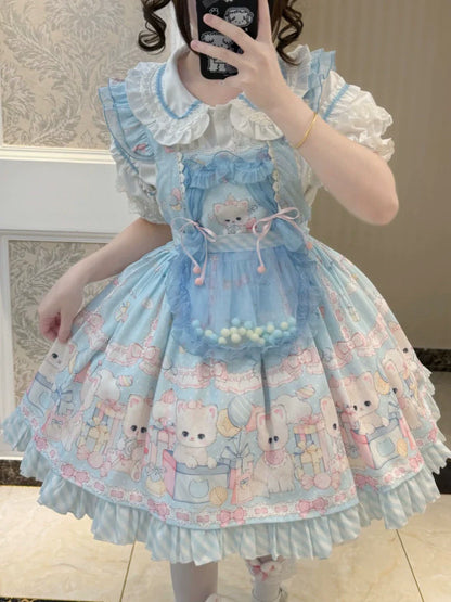Suiyi - Meow Pompom - Sweet Lolita Salopette Dress Suit, Cat Print
