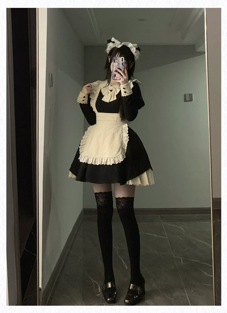 With PUJI - Kiss Kiss - Vintage Lolita OP Dress Maid Lolita Apron Dress