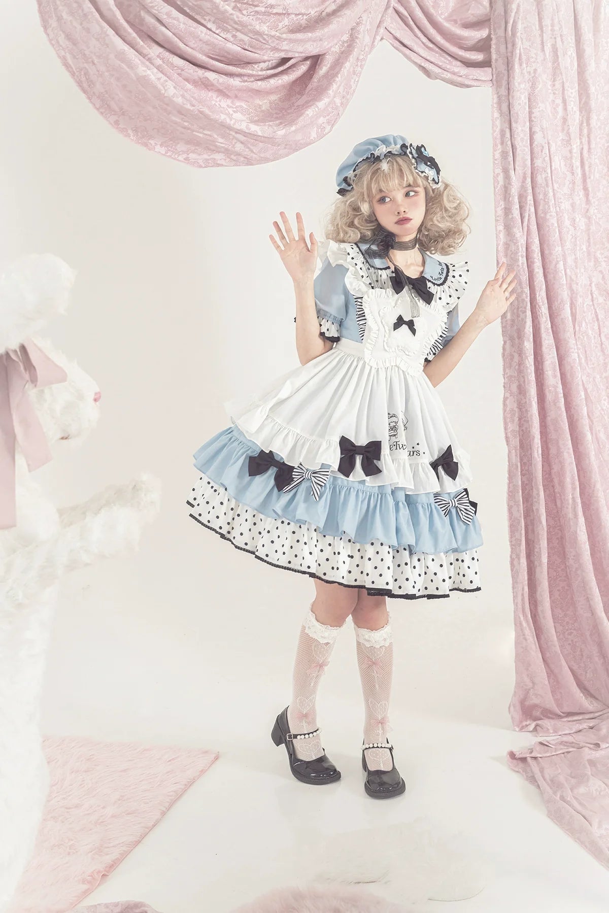 Vcastle - Sweet Lolita OP Dress Splicing Sleeve Apron Dot Print Dress