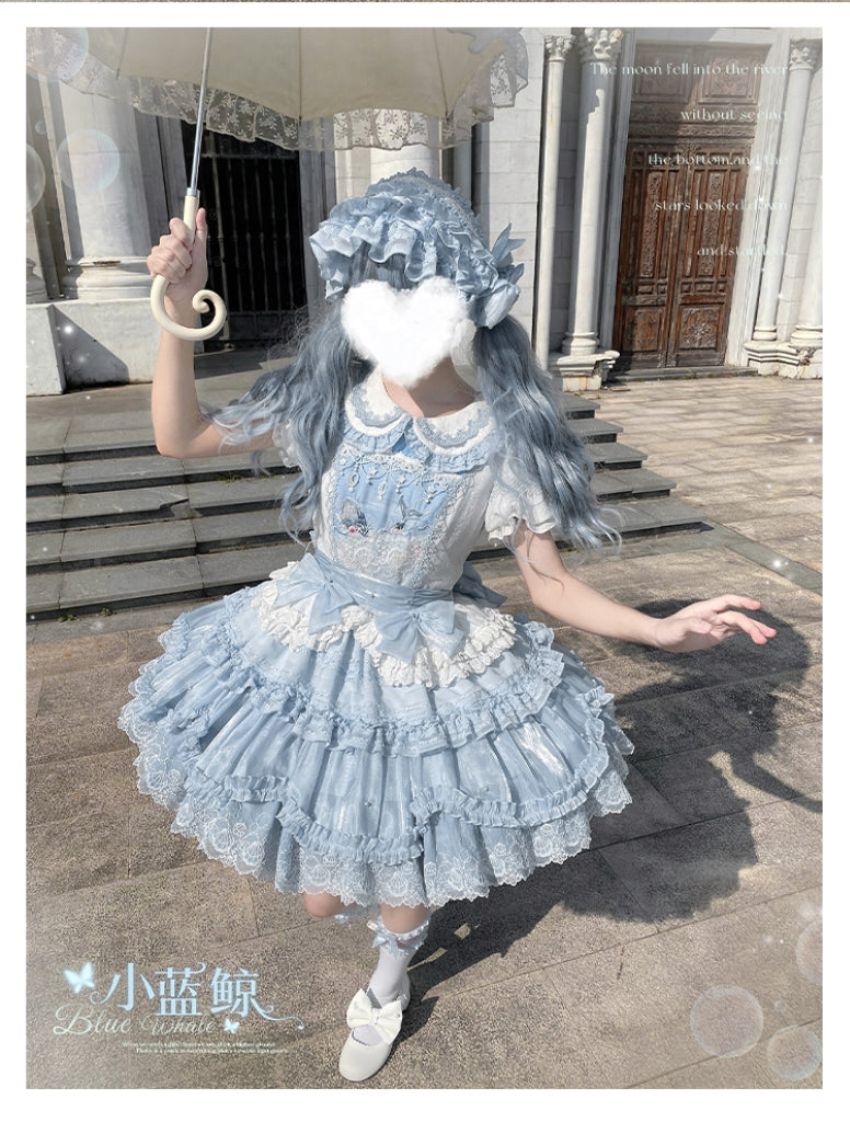 Honey Machine - Blue Whale - Sweet Lolita OP Suit Tiered Ruffle Dress with Shell Lace
