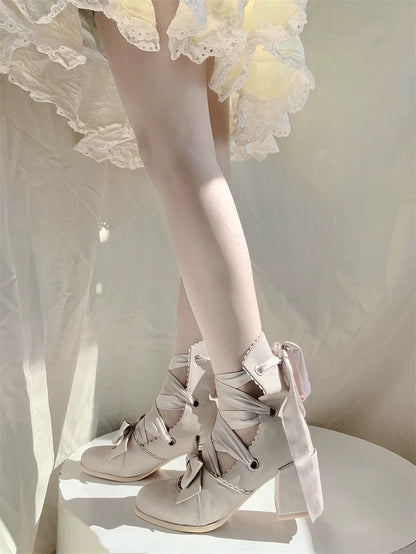 MR.Qiutian - Muse Kiss - Elegant Lolita Shoes Lace-up Bow Heels Round Toe