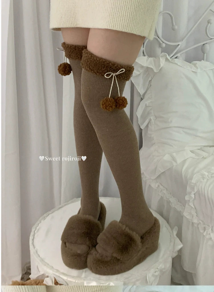 Roji Roji - Winter Fuzzy Ball Lolita Socks Over Knee Thick Socks