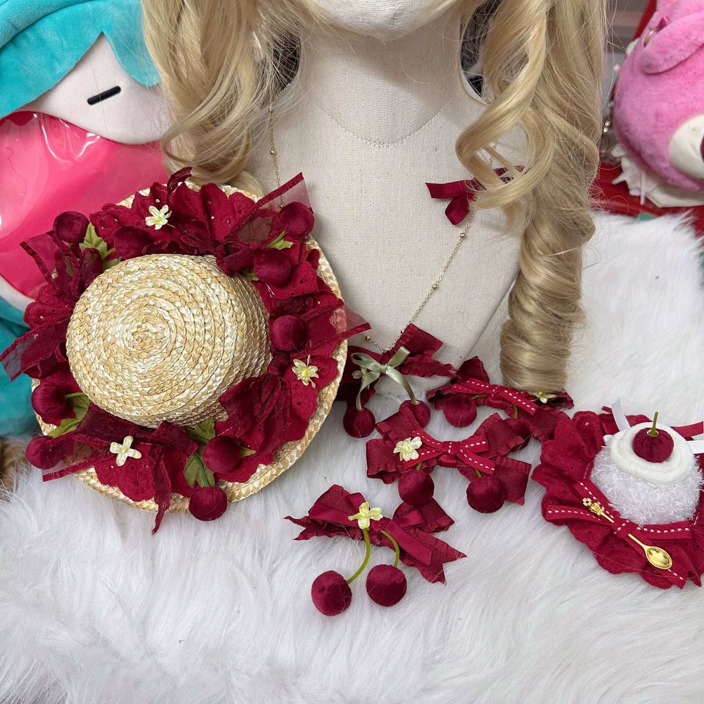 Chestnut Lolita - Sweet Lolita Headdress Cherry Hair Clip Straw Hat Necklace Handmade Set
