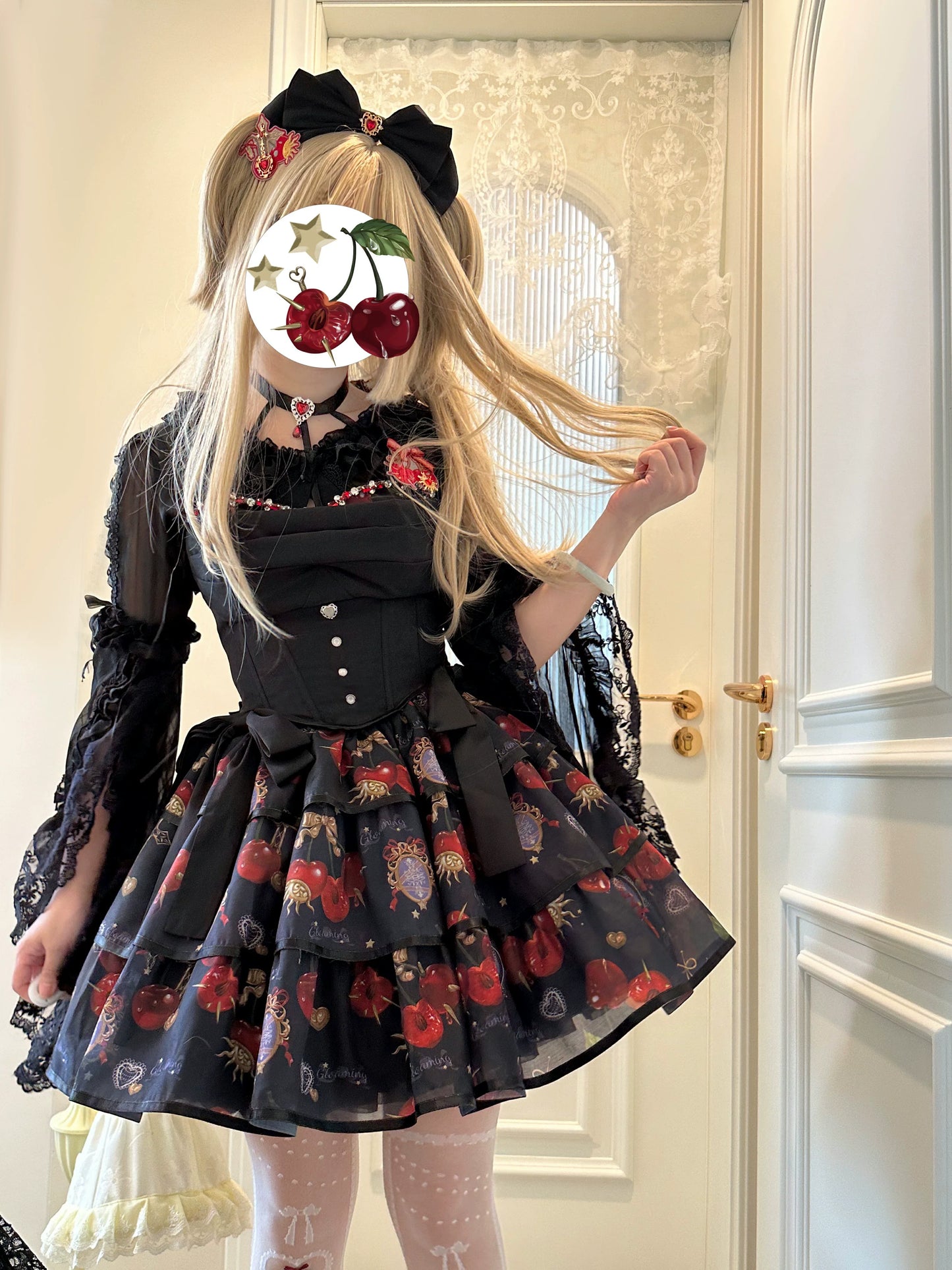 Gloaming - Sweet Lolita Cherry print Short Sleeve OP and SK Set