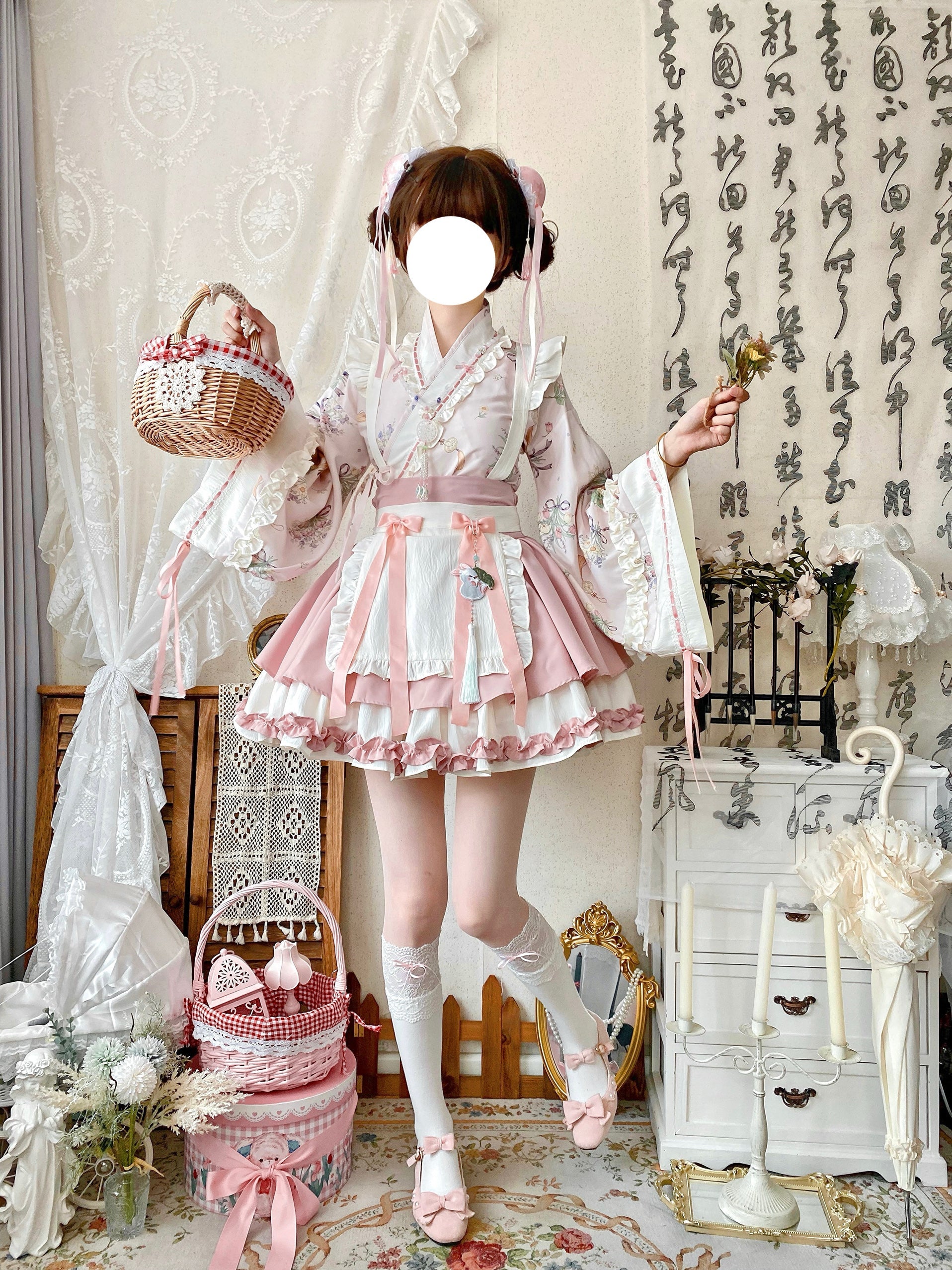 Qianmu - Little Herbalist - Han Lolita Skirt Outfit with Cross-collar Blouse and Apron
