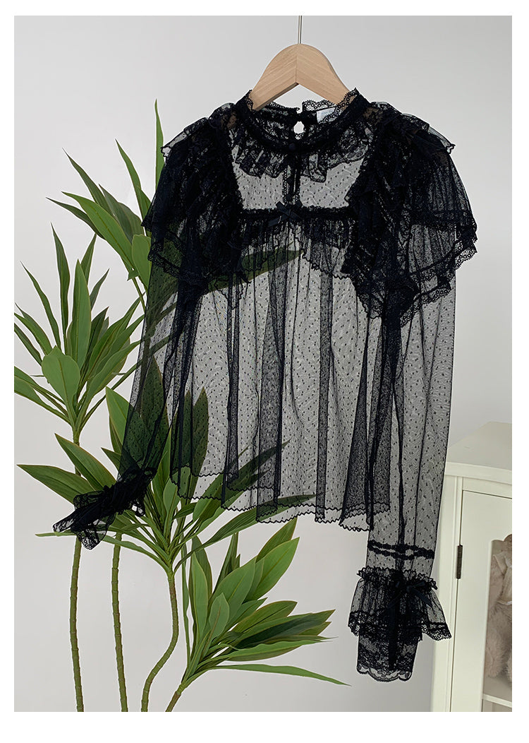 With PUJI - Letters and Poems - Summer Classic Lolita Shirt with Dotted Tulle and Long Sleeve