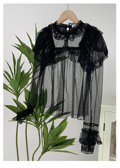 With PUJI - Letters and Poems - Summer Classic Lolita Shirt with Dotted Tulle and Long Sleeve