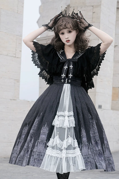 Cornfield Lolita - Silent Church - Gothic Lolita JSK Dress Printed Dress Thin Shawl Set