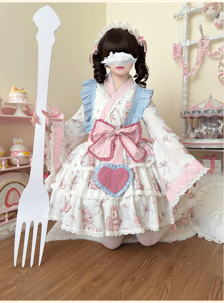 Niu Niu - Showa Moe Bear - Plus Size Wa Lolita Dress Set Kawaii Lolita SK Suit