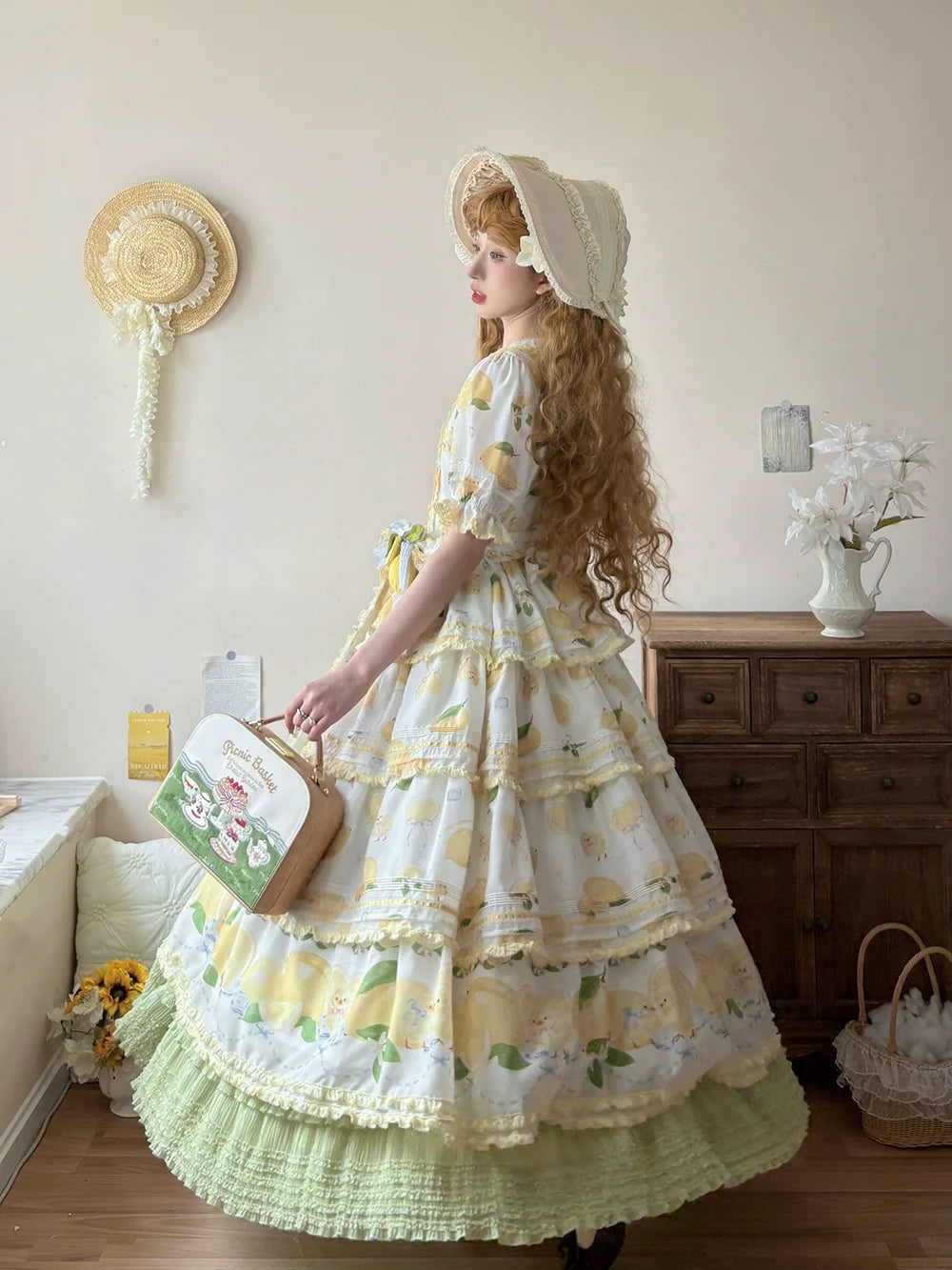 Miss Point - Lemon Chick - Country Lolita Printed OP With Button Front