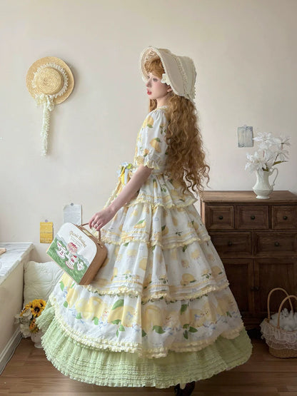 Miss Point - Lemon Chick - Country Lolita Printed OP With Button Front