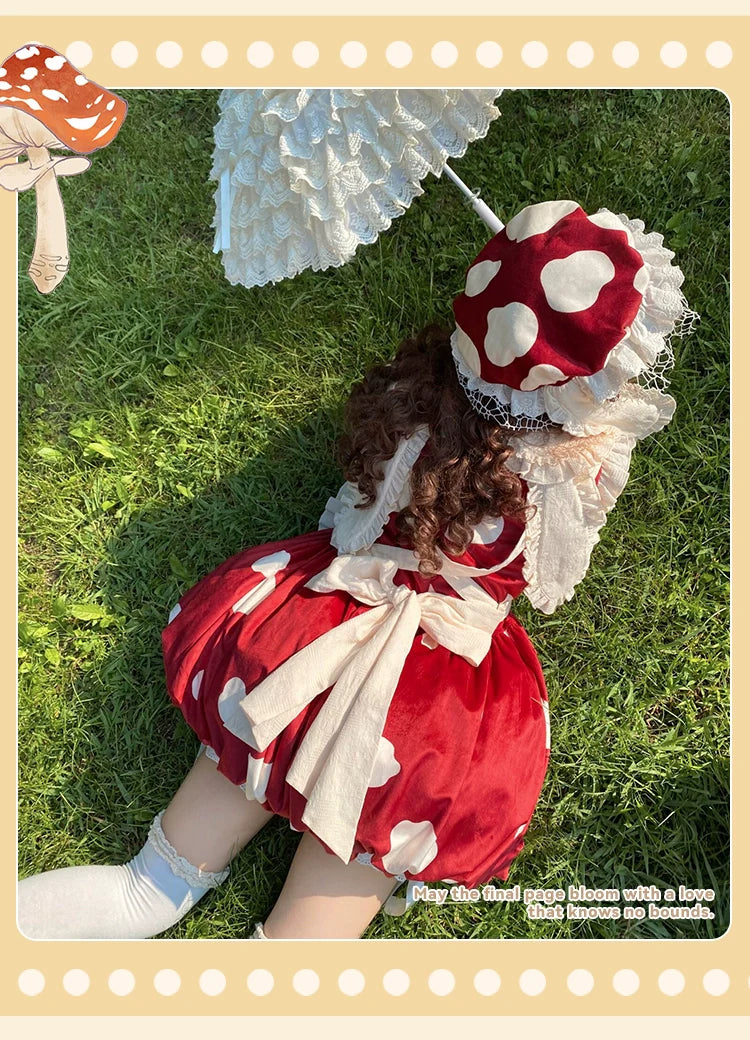 Sakurahime - Mushroom - Kawaii Lolita OP Dress with Apron and Detachable Sleeves