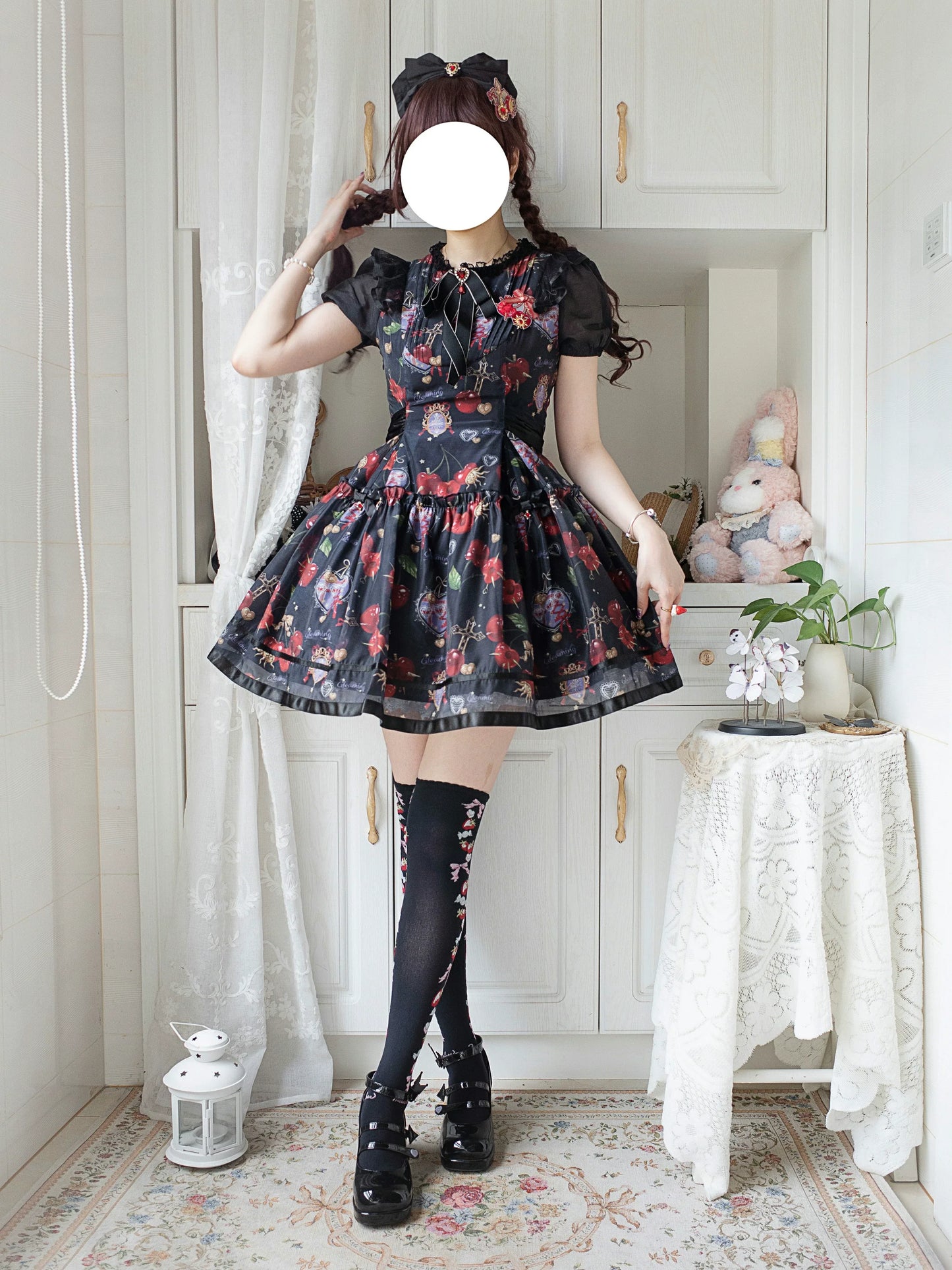 Gloaming - Sweet Lolita Cherry print Short Sleeve OP and SK Set