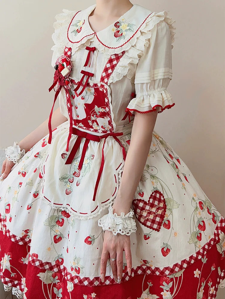 Piggy Bun - Sweet Lolita Shirt Strawberry Embroidery Ivory Blouse