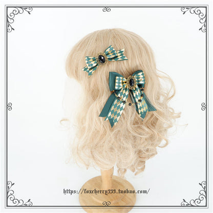 Fox Cherry - Green Lattice Rabbit Ear Bow Lolita Hat Headdress