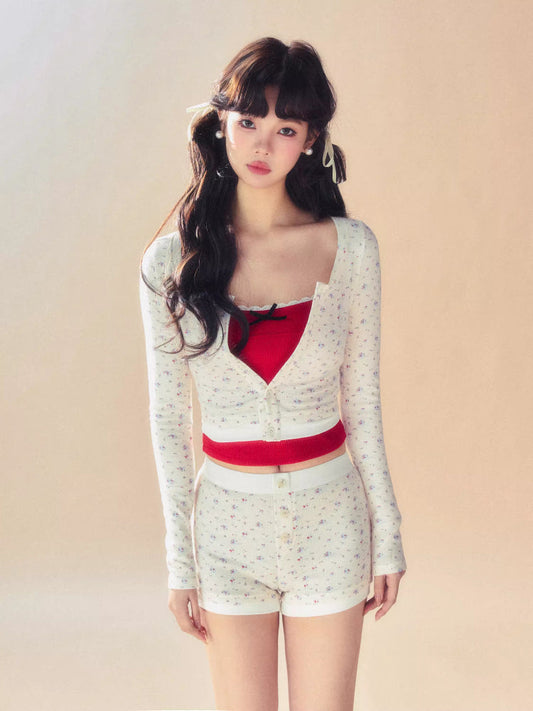 Slim short cardigan + camisole + pants【s0000007093】