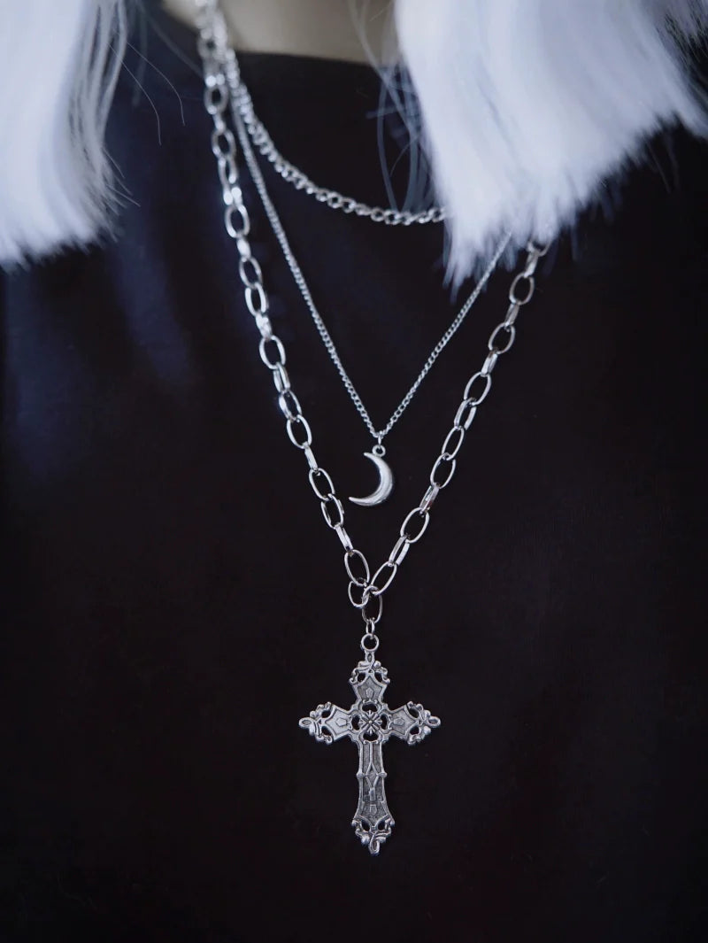 Strange Sugar - Gothic Lolita Necklace Triple Layer Metal Cross Sweater Chain
