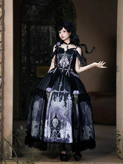Your Princess - Withered Bone Specter - Gothic Lolita Skirt Set, Rose & Skeleton Hand Decor