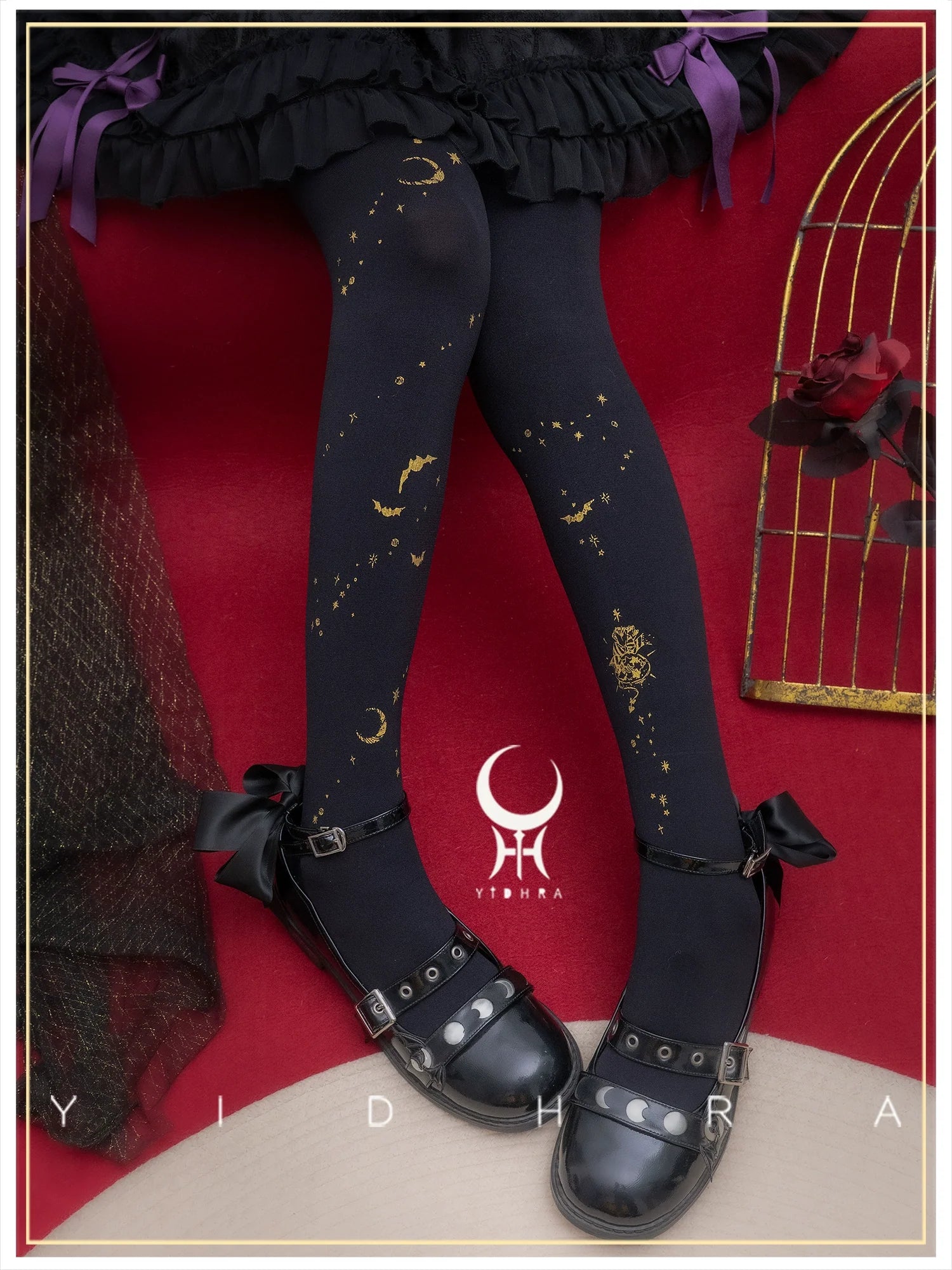 Yidhra - Gothic Lolita Pantyhose, Gold Stars & Moon Pattern