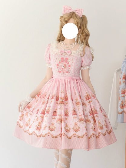 Strawberry Witch - Rose Garden Bunny - Daily Lolita Rose Bunny Printing OP JSK Dress Set