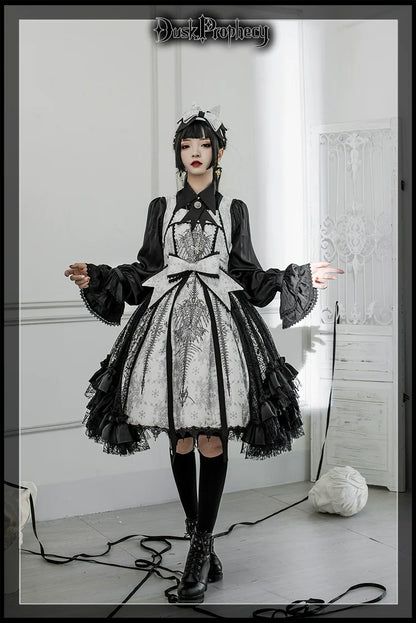 DuskProphecy - Coccyx - Elegant Lolita Dress High Waist Fishbone Print JSK Set