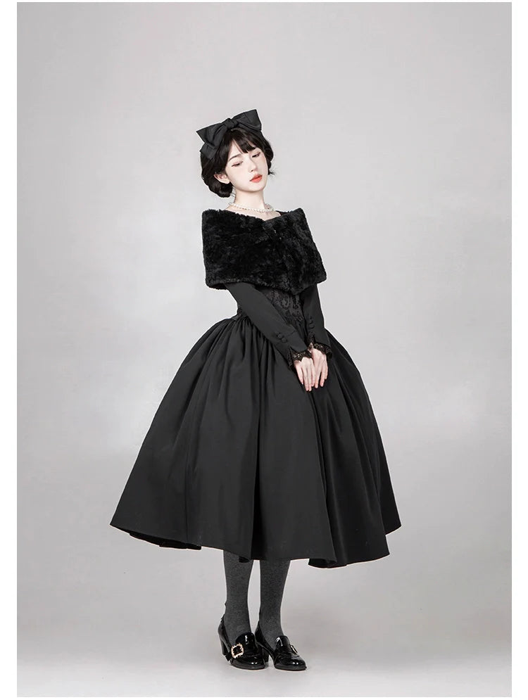 With PUJI - Old Testament - Classic Lolita Coat Black Plush Lolita Cape and Brooch