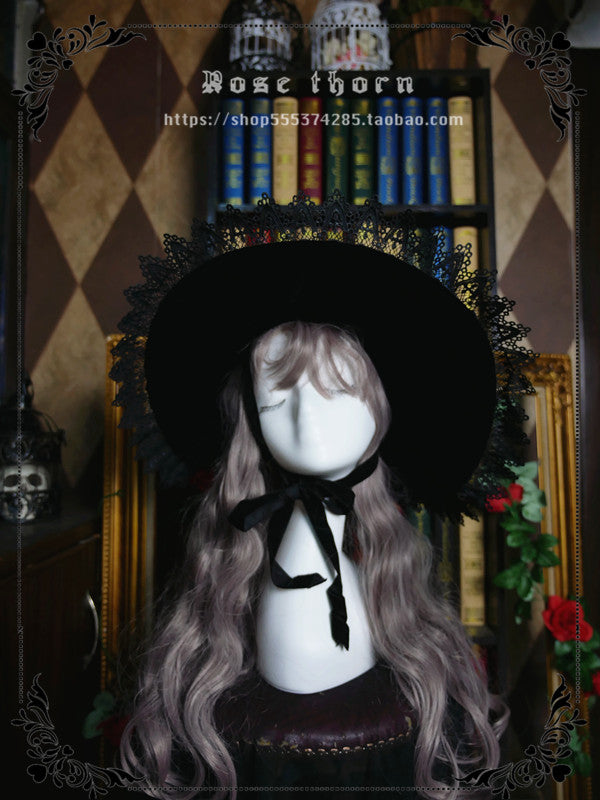 Rose Thorn - Black Wizard - Velvet Daily Lolita Hallowen Hat