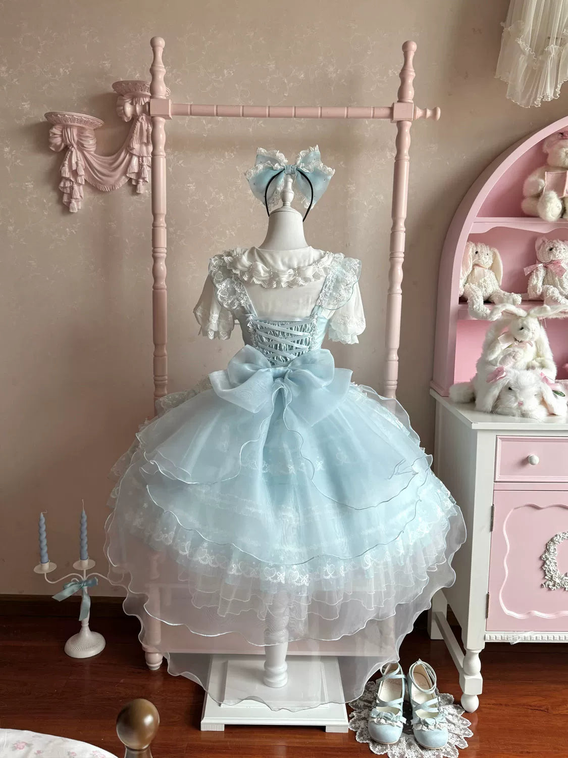 Hanguliang - Fudie Heart - Sweet Lolita JSK Dress With Tiered Skirt and Bow Trailing