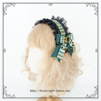 Fox Cherry - Green Lattice Rabbit Ear Bow Lolita Hat Headdress