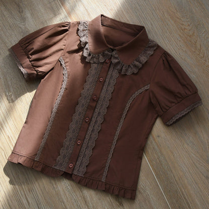 MIST - Lily - Cotton Retro Lolita Blouse with Lace Ruffles and Short Sleeve