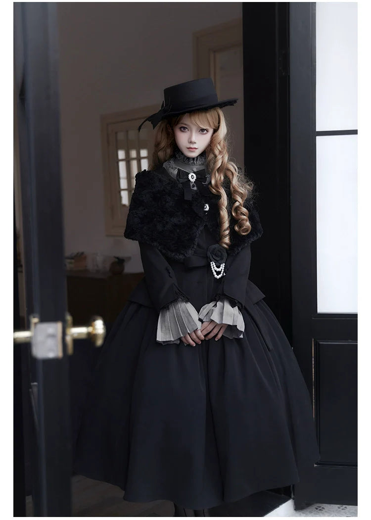 With PUJI - Old Testament - Classic Lolita Coat Black Plush Lolita Cape and Brooch