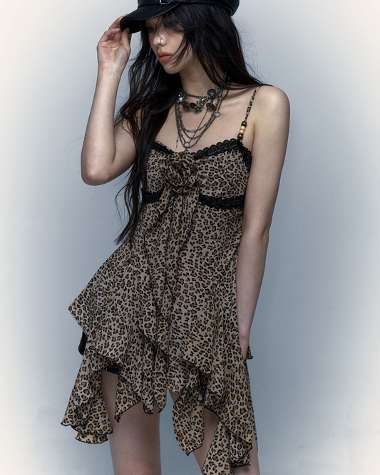irregular leopard suspender dress