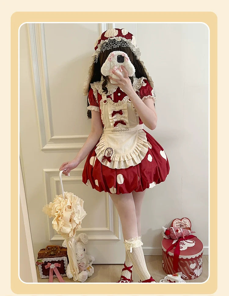 Sakurahime - Mushroom - Kawaii Lolita OP Dress with Apron and Detachable Sleeves