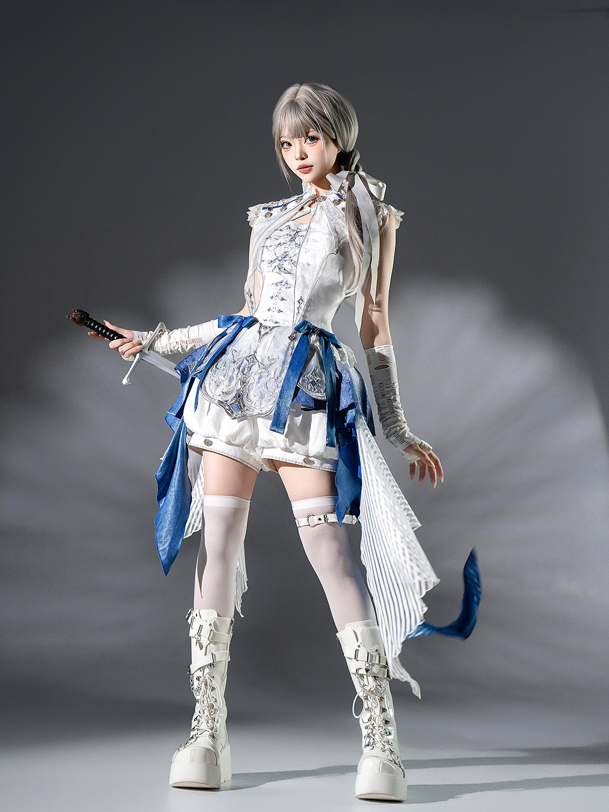 Designer's Gift - Blue Dragon Bone - Ouji Lolita Shorts Suit with Embroidery and Trailing
