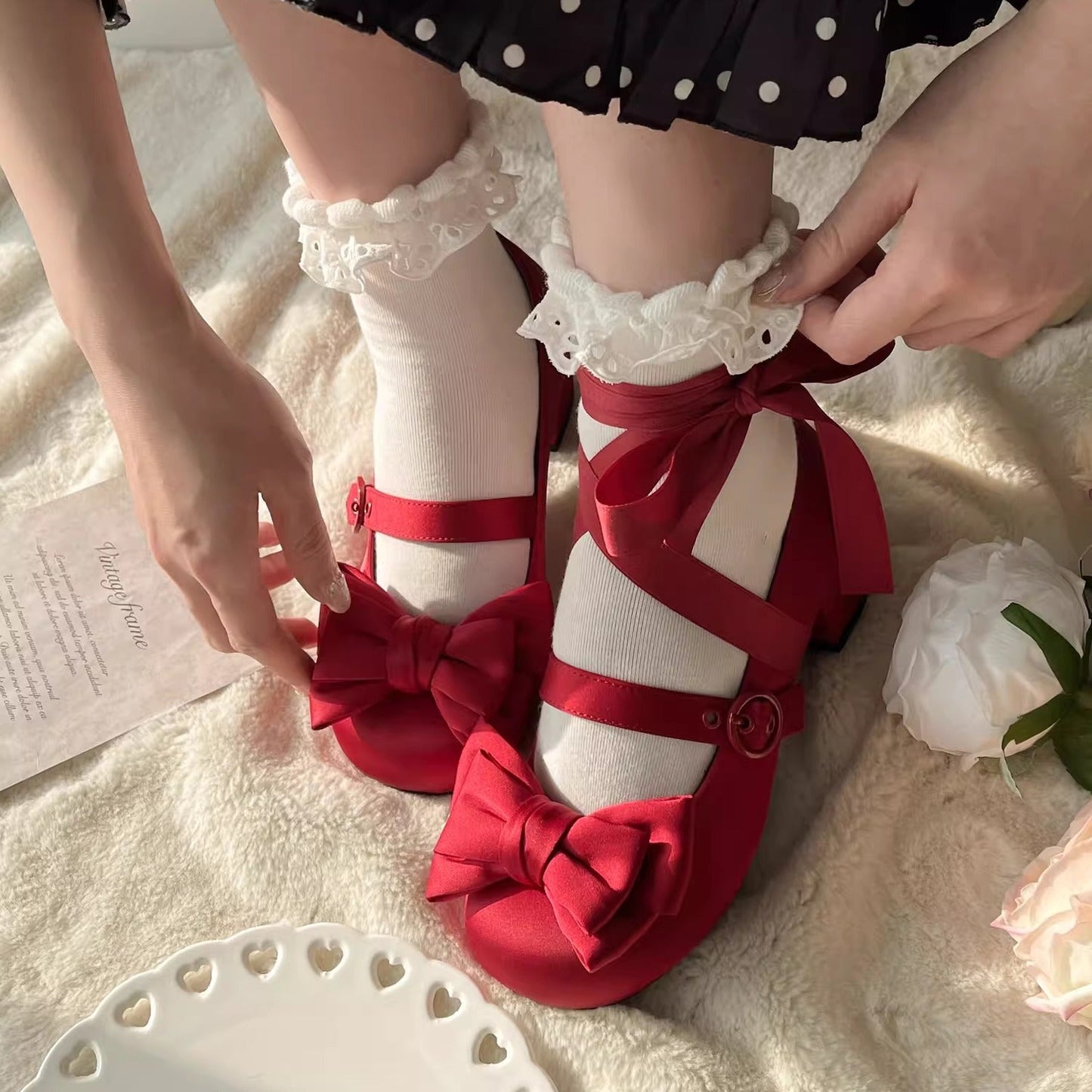 MODO - Sissi - Sweet Lolita Shoes Satin Low Chunky Heels with Bow