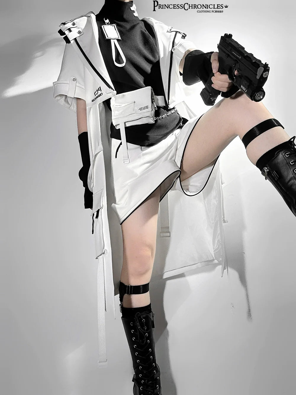 Princess Chronicles - White Cat - Futuristic Style Cool Lolita Pants Suit With Cat Ear Coat