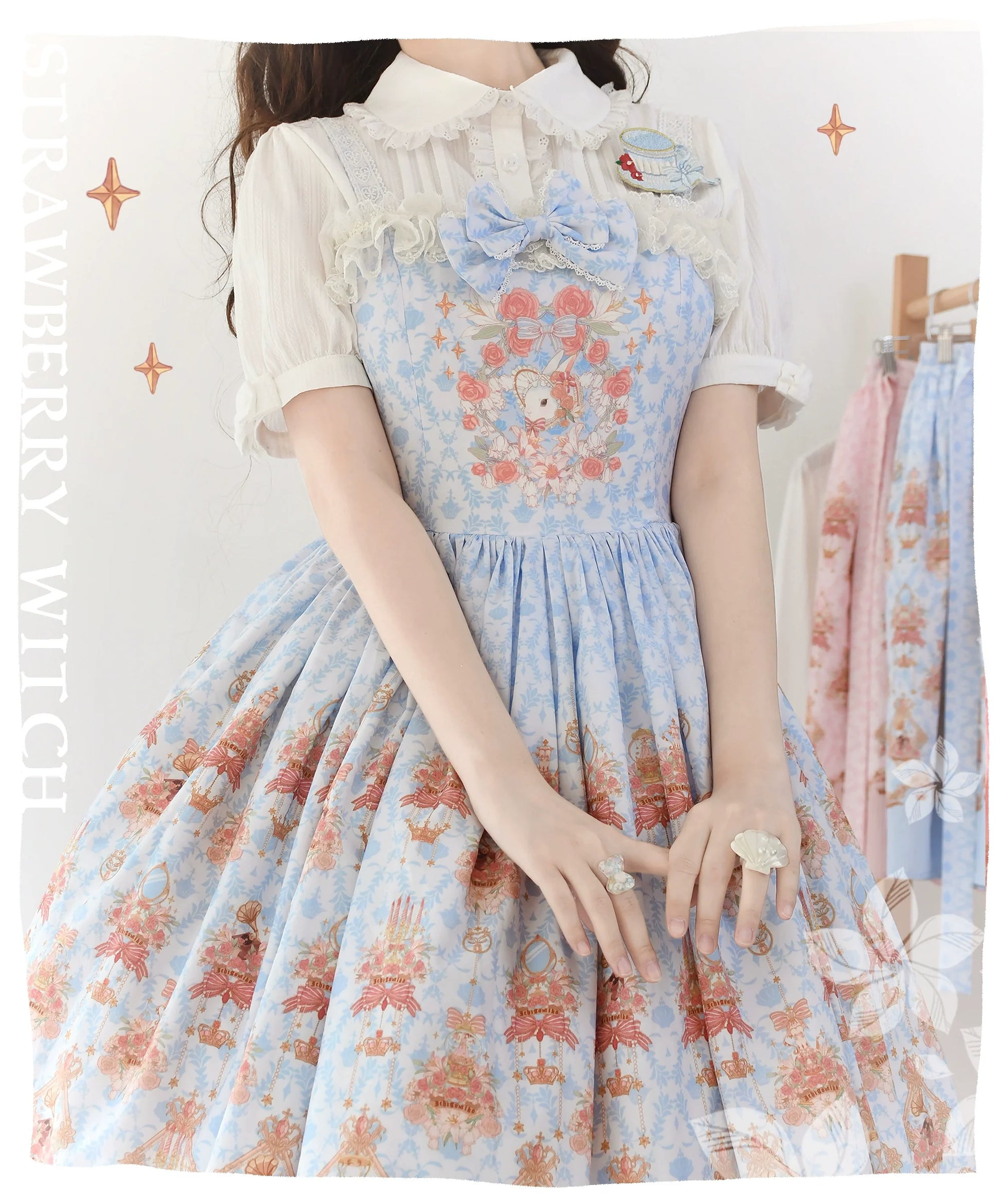 Strawberry Witch - Rose Garden Bunny - Daily Lolita Rose Bunny Printing OP JSK Dress Set
