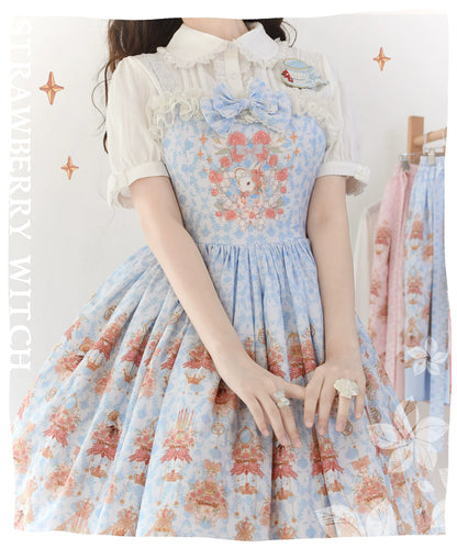 Strawberry Witch - Rose Garden Bunny - Daily Lolita Rose Bunny Printing OP JSK Dress Set