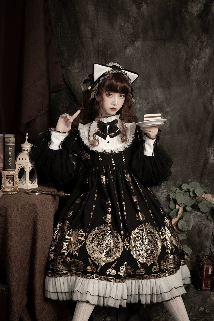 Ilovexiaolu - Foil-Stamped Fairytale Town - Animal Print Gothic Lolita Dress