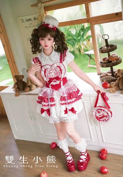 Shuang Sheng Xiao Xiong - Bite The Cake - Sweet Lolita Dress, Red & White Polka Dots