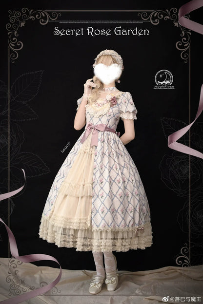 Moon River - Elegant Lolita OP Dress Short Sleeve Square Neckline Print Dress