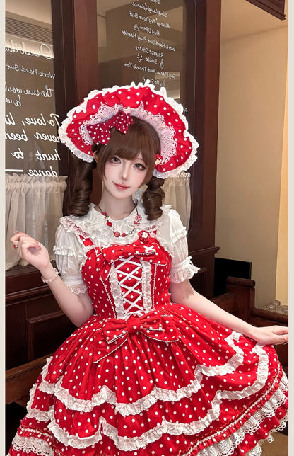 TaTaTa Lolita - Polka Bailys - Old School Lolita JSK Suit Red White Polka Dot Dress