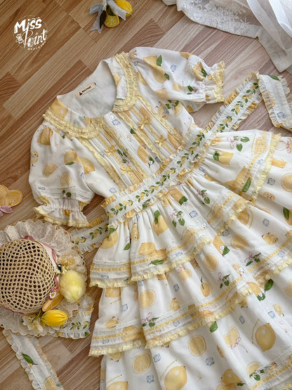 Miss Point - Lemon Chick - Country Lolita Printed OP With Button Front