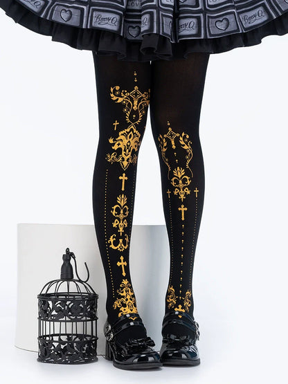 Wulala Mew - Elegant Lolita Pantyhose Daily Gold Foil Printing Tights
