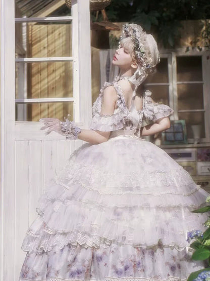 Cat Fairy - Rose Letter - Gorgeous Lolita JSK Princess Dress Chiffon Floral Printed Blue Dress