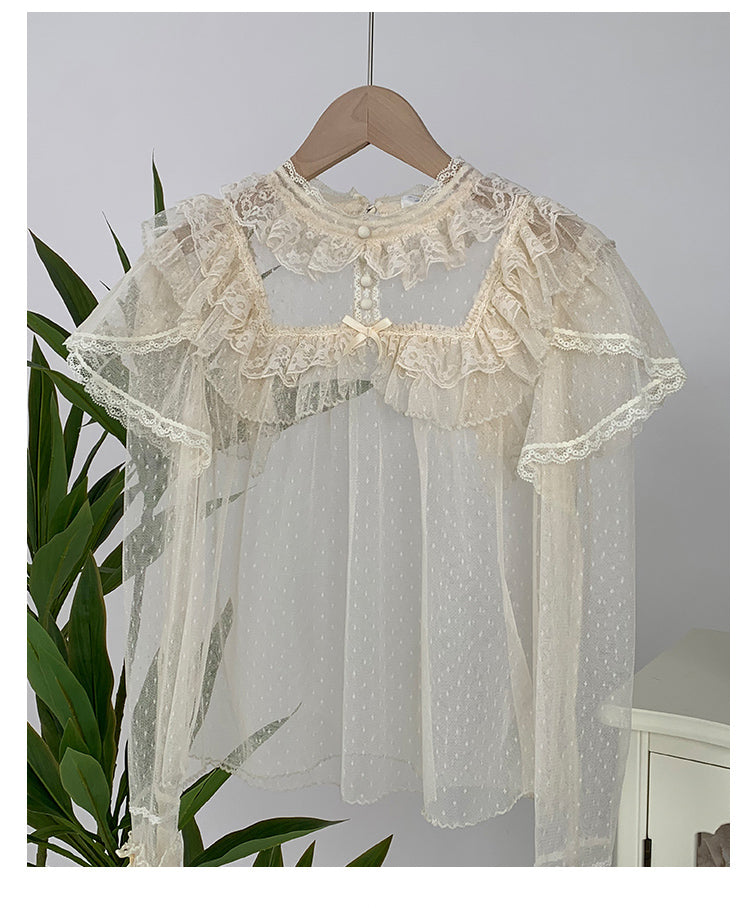 With PUJI - Letters and Poems - Summer Classic Lolita Shirt with Dotted Tulle and Long Sleeve