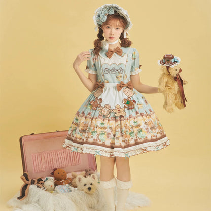 Babyblue - Little Bear Honey Jar - Kawaii Lolita Short Sleeve OP Gingerbread Man Embroidered Dress