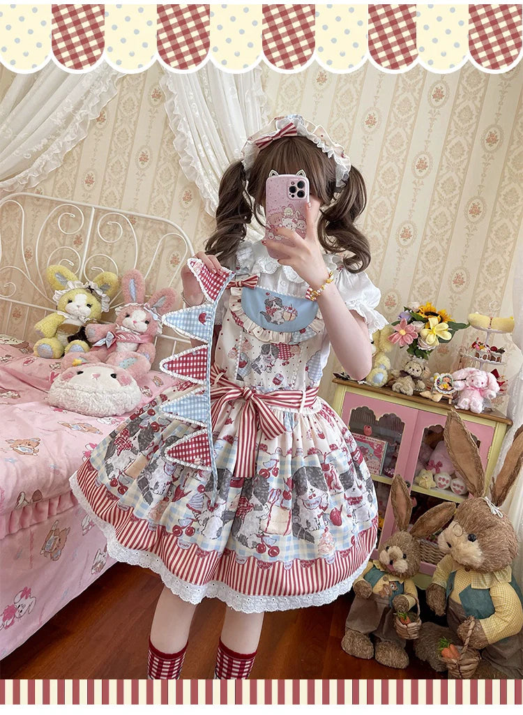 Akiyama Future Studio - Border Collie Cherry - Kawaii Lolita Salopette Cherry Print Dress